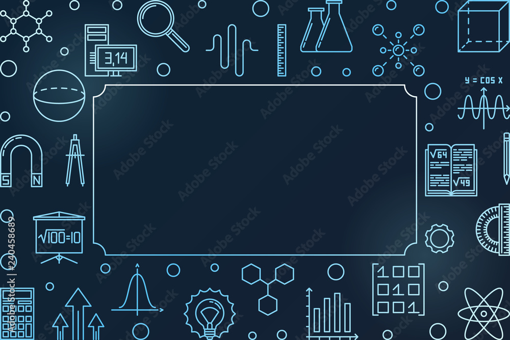 Poster stem learning blue modern horizontal frame. vector science concept illustration in thin line style o