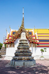 Bangkok, Thailand Wat Pho Temple Of The Reclining Buddha. The Great Pagodas of the Four Kings. This is a group of 4 huge pagodas (stupas) in honor of the first 4 monarchs of the Chakri dynasty. 