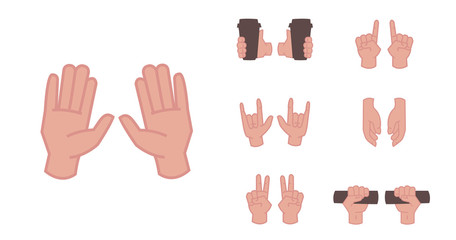 Cartoon hands set. Up finger gestures, hand holding cup of coffee. Different signs isolated on white background - pointing, attention, fist, thumbs up. Vector illustrations pack in flat cartoon style