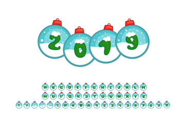 Alphabet cartoon design for New Years themes. Letters, numbers and punctuation marks