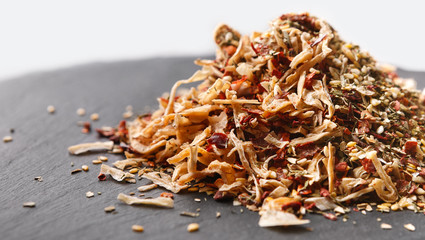Pile of mixed dried hot spices, closeup