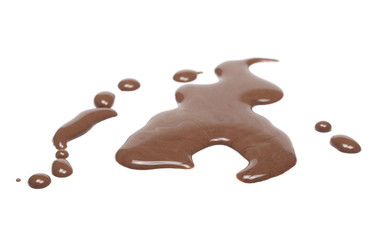 Spilled chocolate milk puddle isolated on white background