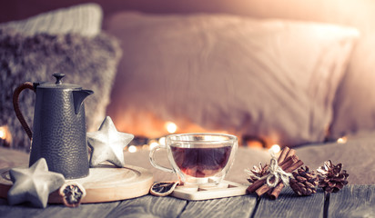 home comfort, details of the festive interior on a wooden table