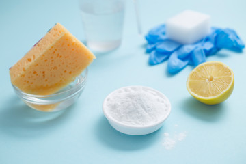 Eco friendly natural cleaners products. Vinegar, soda and lemon. Bicarbonate. 