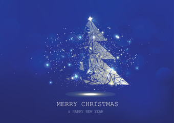 Merry Christmas, tree polygon, confetti, golden glowing particles scatter, poster, postcard Blue luxury in winter background seasonal holiday vector illustration
