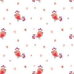 Valentine seamless pattern with cute birds. Vector illustration isolated on a white background.