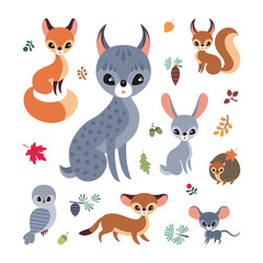 Cute forest animals in cartoon style. Childhood illustration isolated on a white background. Vector set.