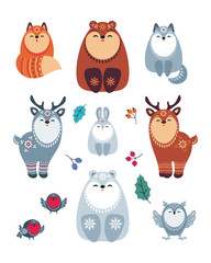 Cute animals in ethnic style. Christmas illustration isolated on a white background. Vector set.