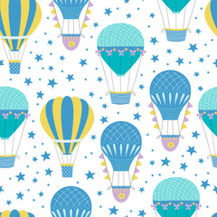 Hot air balloon repeat pattern. Cute nursery background. Retro print. Vector illustration.