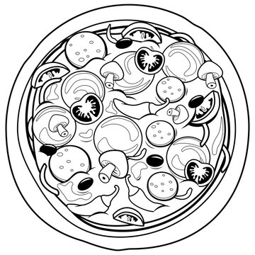 Pepperoni Pizza With Tomato And Cheese. Vector Black And White Coloring Page.