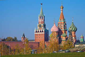 Fototapeta premium Moscow Kremlin on a background of green lawn and autumn birch trees.