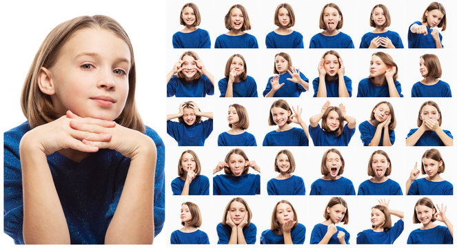 Set of various emotional pictures of teen girl, close-up, white background