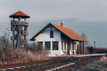 train station and birding observation tower in Hortobagy National Park, Hungary, puszta is famous...