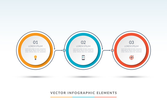 Vector timeline infographic template of 3 circles. Can be used for web design, diagram, step options, chart, graph, business presentation.