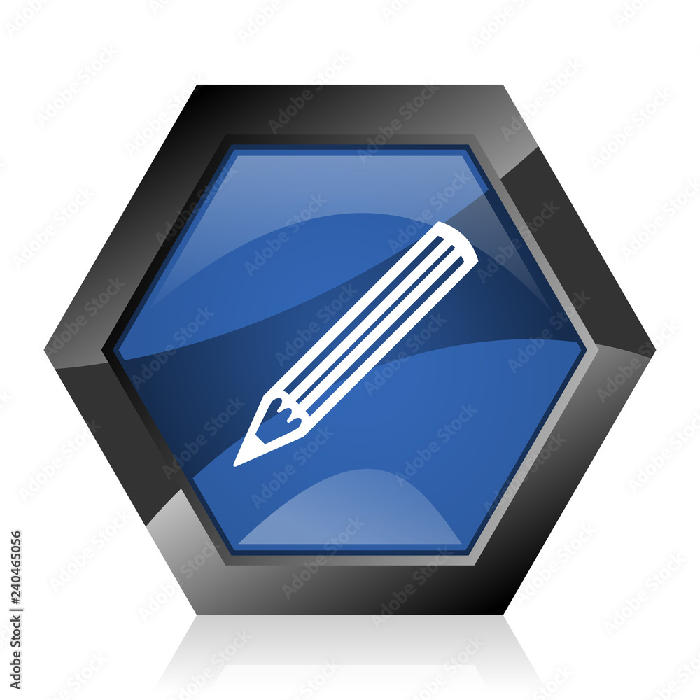 Poster pencil dark blue glossy hexagon geometric diamond vector web icon with reflection on white backgroun