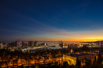 Malaga city at dusk, Andalusia, Spain