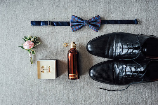 set of men's accessories groom wedding day preparation