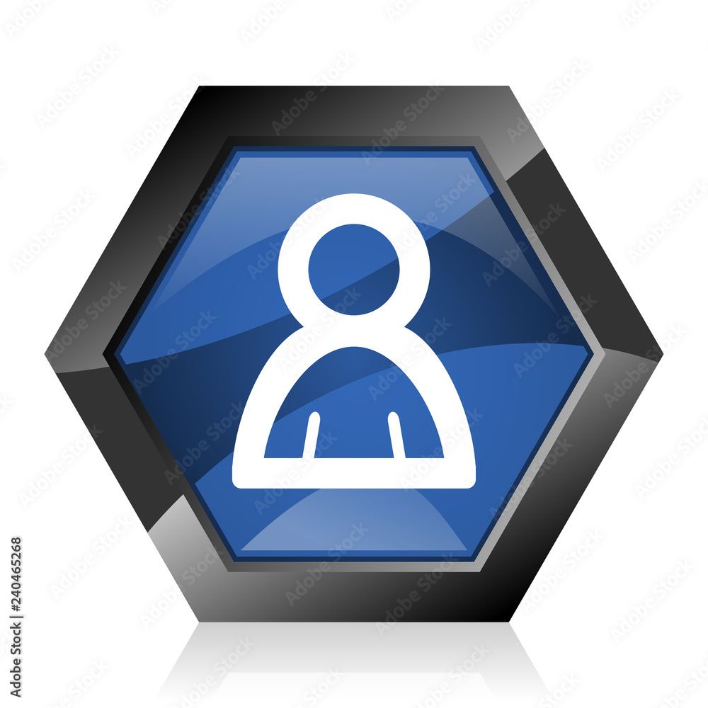 Poster person dark blue glossy hexagon geometric diamond vector web icon with reflection on white backgroun