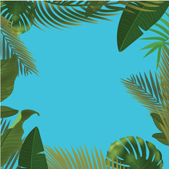 Fototapeta na wymiar Background with realistic green palm leaf branches on blue background. flat lay, top view