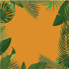Fototapeta na wymiar Background with realistic green palm leaf branches on orange background. flat lay, top view