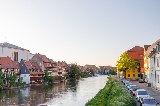 River Regnitz with old houses in City of Bamberg, Bavaria, Germany