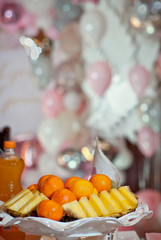 A wonderful crop of fresh vegetables in the restaurant. fruits in plates. clean and delicious. The table is decorated with vegetables