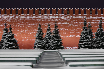 Moscow, the snow-covered Red Square, the Kremlin wall and the snow-covered spruce from it. stern...