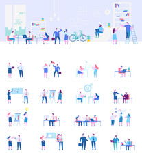 Obraz na płótnie Canvas Coworking people flat vector set. Business meeting. Teamwork. Business people, freelancers working together. Office life. Concept design for web. Cartoon Flat style characters.