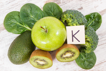 Fototapeta na wymiar Fruits and vegetables containing vitamin K, potassium, natural minerals and dietary fiber