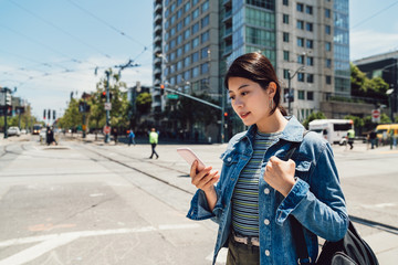 office lady walking on the busy urban road