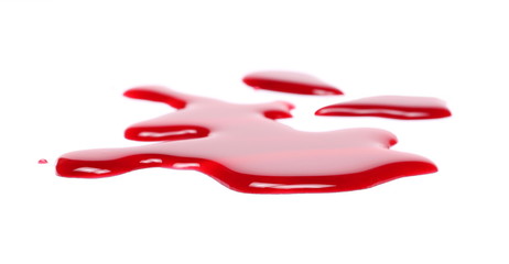 Spilled red wine puddle isolated on white background 