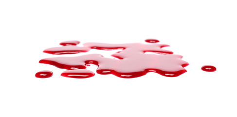 Spilled red wine puddle isolated on white background 