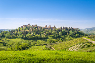 Certaldo old town view from the green fields of Toscana.