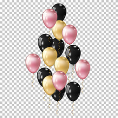 Realistic black, gold and pink balloon set, isolated on transparent background.
