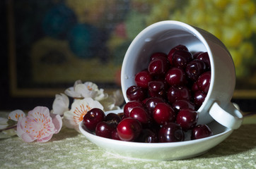a handful of red cherries in a white cup on a colorful background