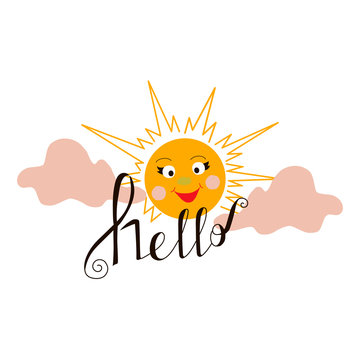 Cute Sun and cloud with inscription "hello". Hand drawn illustration for card,  for presents, invitation, children room decor, interior design