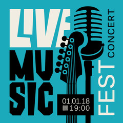 Vector poster for live music festival or concert with neck of acoustic guitar and microphone on the blue background