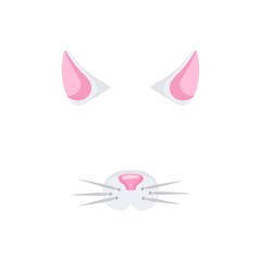 Cat face vector illustration. Cat character ears and nose for video chart filter effect, kitten mask for selfie photo decor. Vector isolated on white.