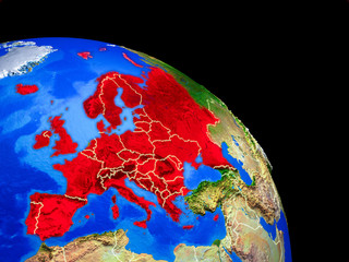 Europe on planet Earth from space with country borders. Very fine detail of planet surface.