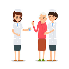 Woman doctor gives sick glass of water. Nurse supports the sick. Elderly patient holds pill in her hand, the other hand holds the cheek, which hurts. Illustration isolated on white background in flat