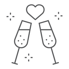 Champagne glasses thin line icon, celebrating and toast, sparkling goblets sign, vector graphics, a linear pattern on a white background.