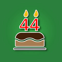 Birthday cake with a candle in the form of a number 44, in the form of a sticker with a shadow icon. Happy Birthday concept symbol design. Stock - Vector illustration can be used for web.