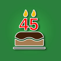 Birthday cake with a candle in the form of a number 45, in the form of a sticker with a shadow icon. Happy Birthday concept symbol design. Stock - Vector illustration can be used for web.