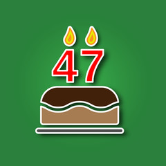 Birthday cake with a candle in the form of a number 47, in the form of a sticker with a shadow icon. Happy Birthday concept symbol design. Stock - Vector illustration can be used for web.