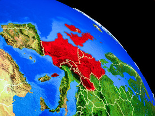 Western Europe on planet Earth from space with country borders. Very fine detail of planet surface.