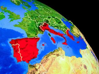 Southern Europe on planet Earth from space with country borders. Very fine detail of planet surface.