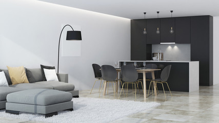 Modern house interior. Black kitchen. 3D rendering.