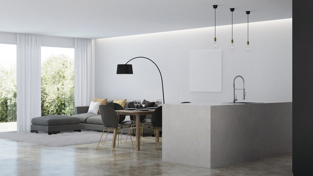 Modern house interior. Black kitchen. 3D rendering.