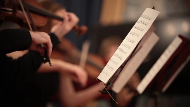 Chamber orchestra. People standing and playing violins by notes