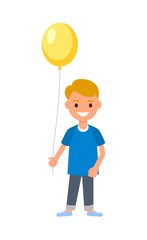 Boy holding a balloon. Happy cartoon character congratulations on the birthday, new year, mothers day. Vector illustration isolated on white background